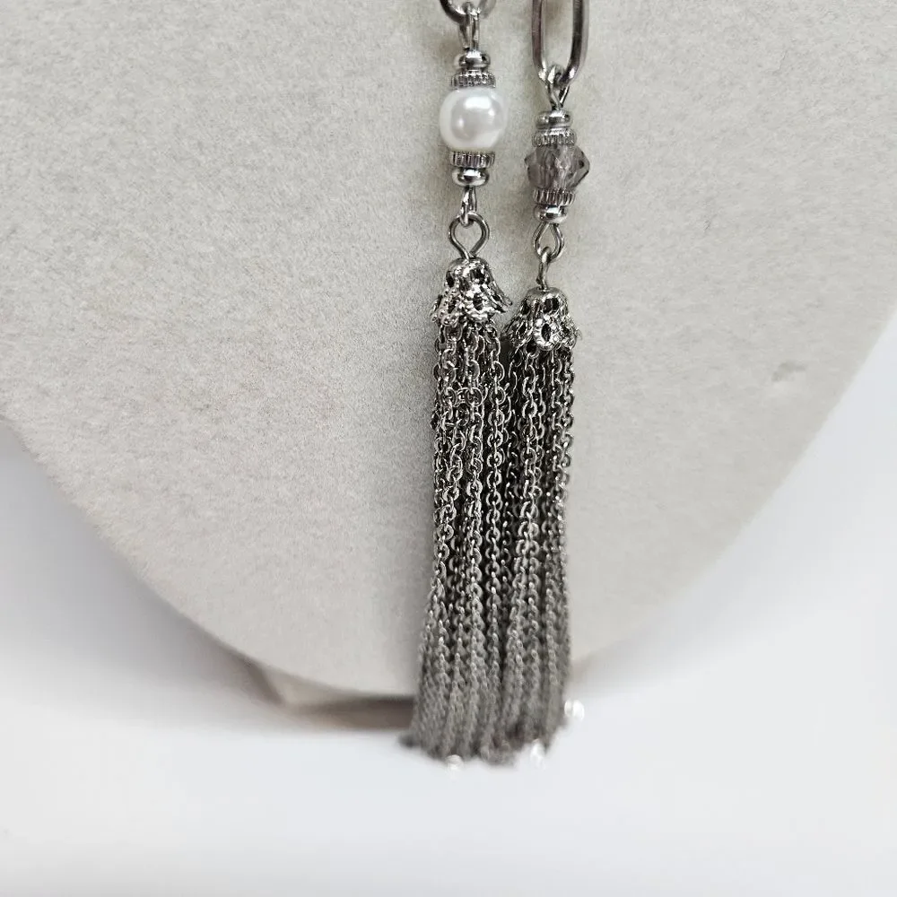 VINTAGE Premier Designs Silver Tone Beaded Tassel Long Chain Necklace
